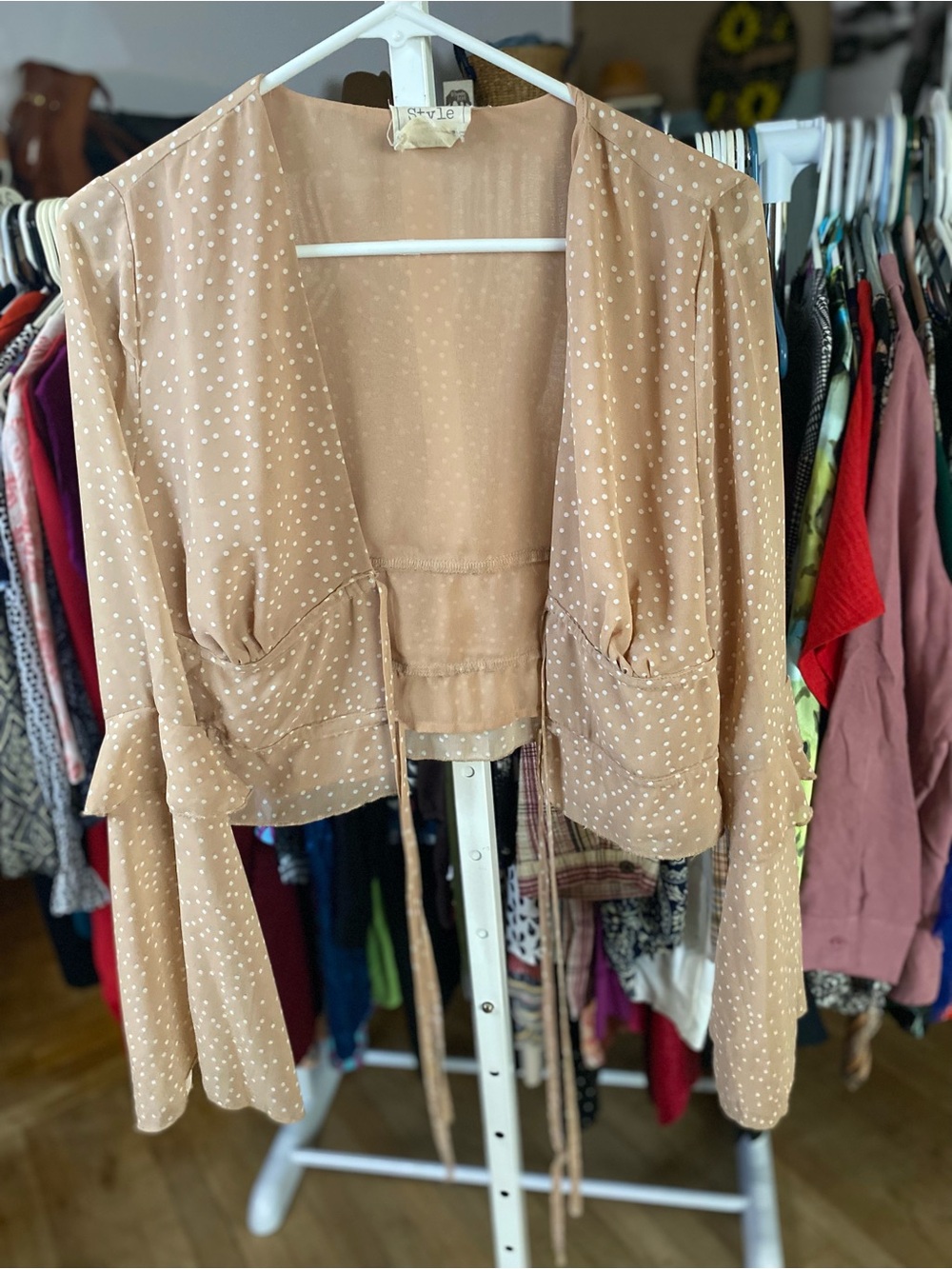 Style Rack Tan Polka Dot Tie-Front Cropped Jacket Style Blouse